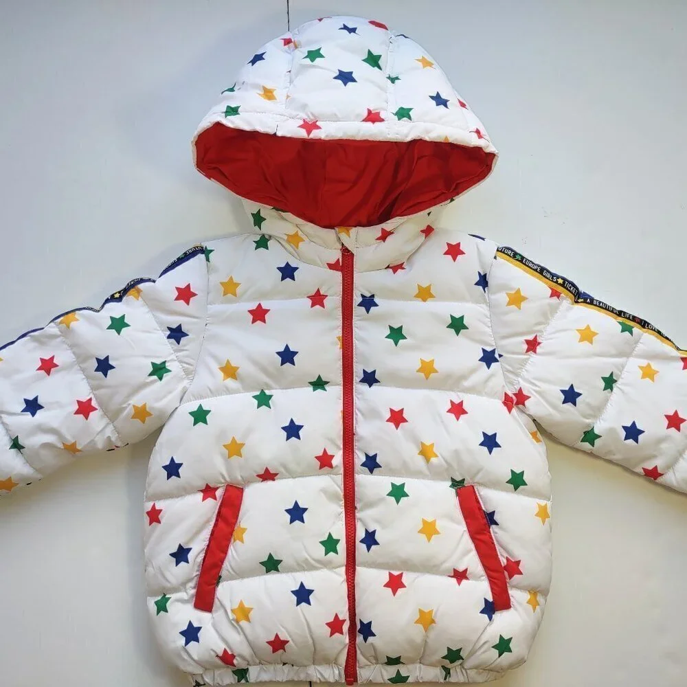 United Colors Benetton Girl's Puffer Jacket Full Zip Multicolor Stars Sz 3-4 Yrs